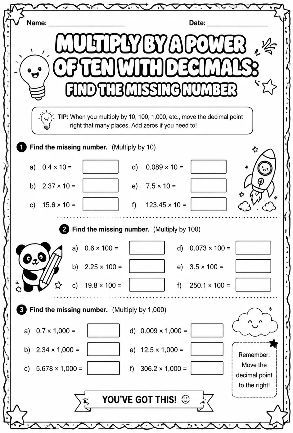 Multiply by a power of ten with decimals: find the missing number