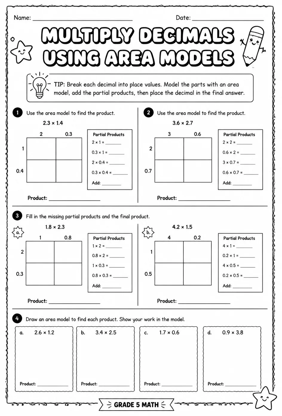 Multiply decimals using area models