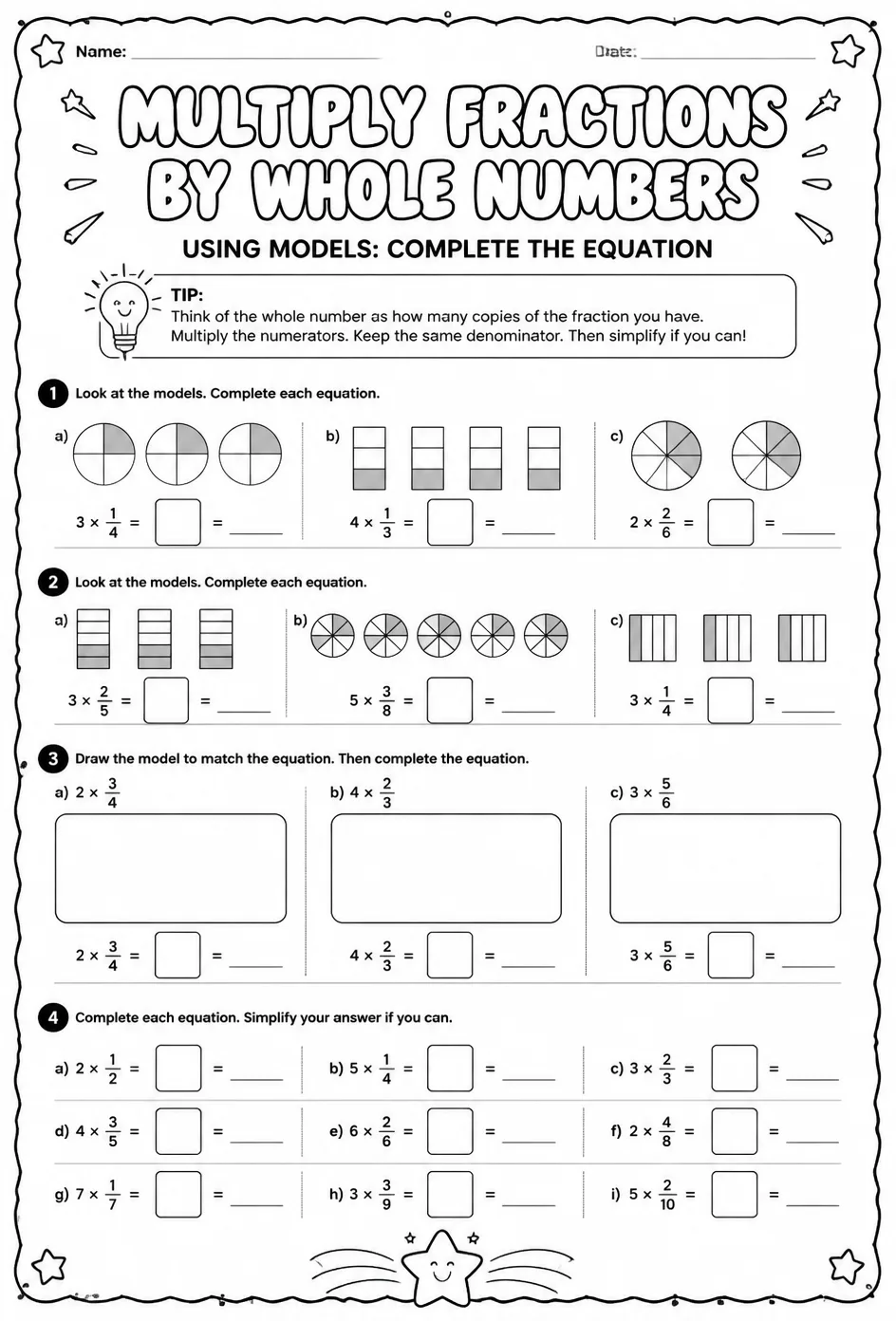 Multiply fractions by whole numbers using models: complete the equation
