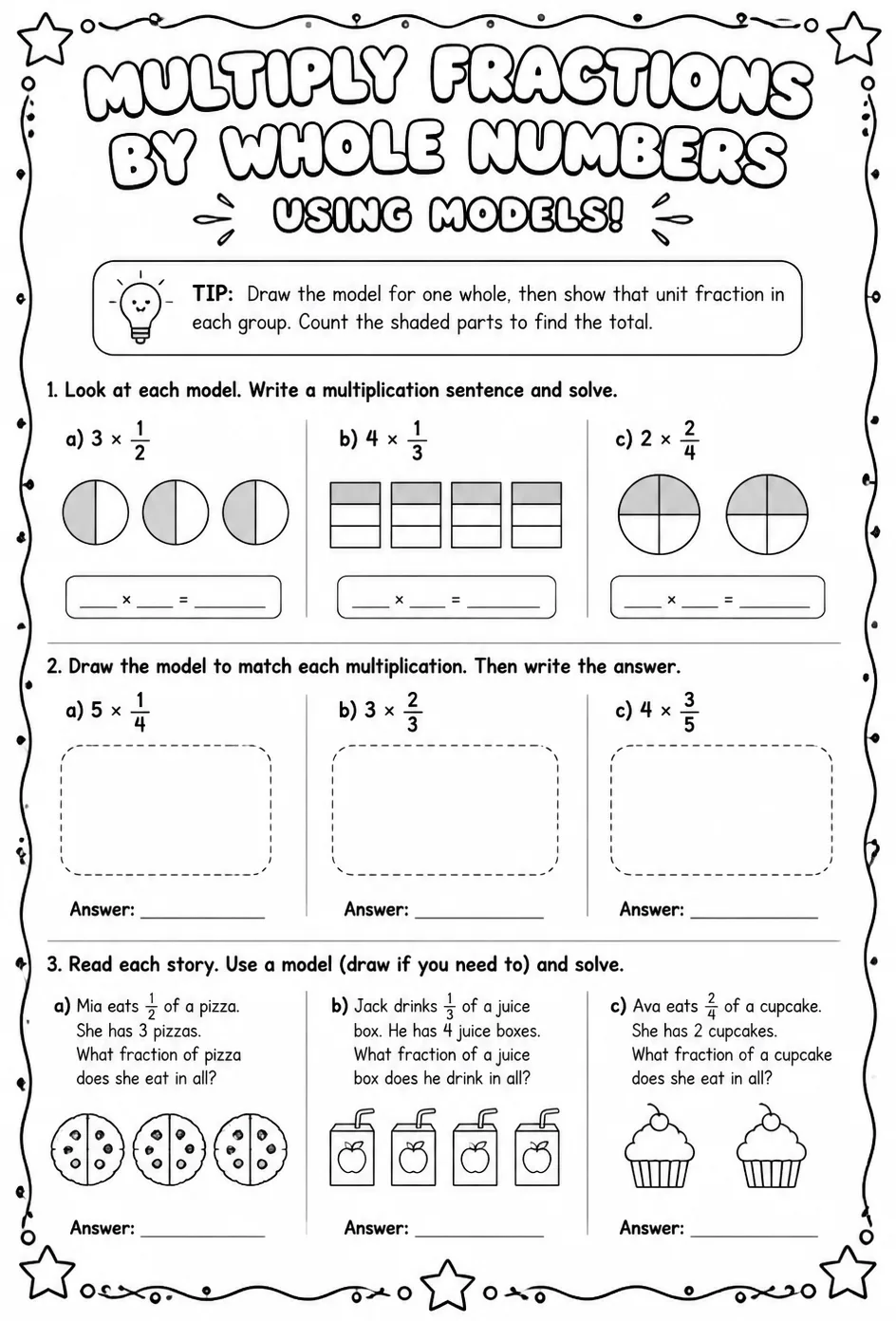 Multiply fractions by whole numbers using models