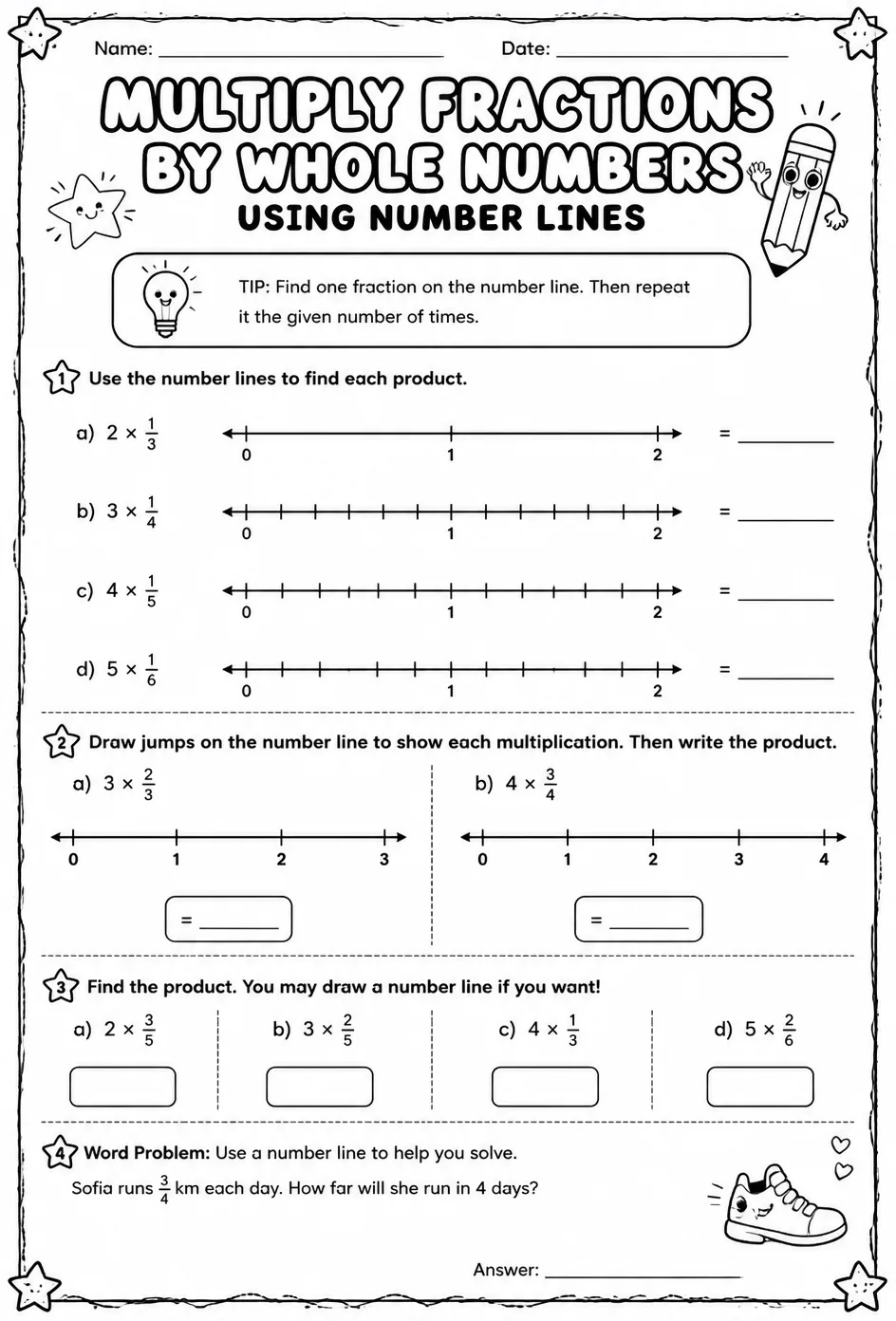 Multiply fractions by whole numbers using number lines