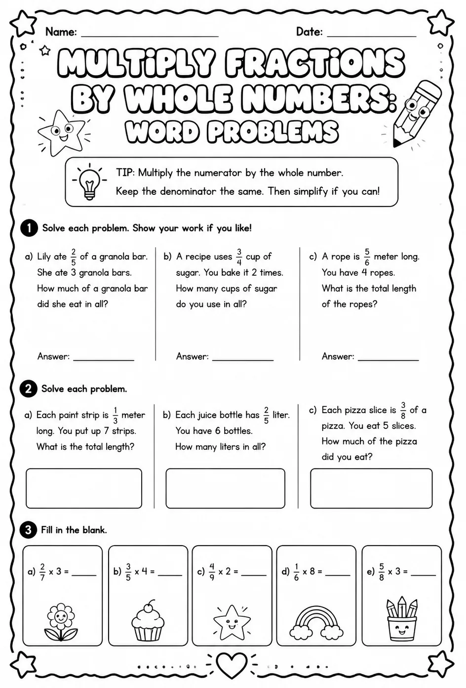 Multiply fractions by whole numbers: word problems