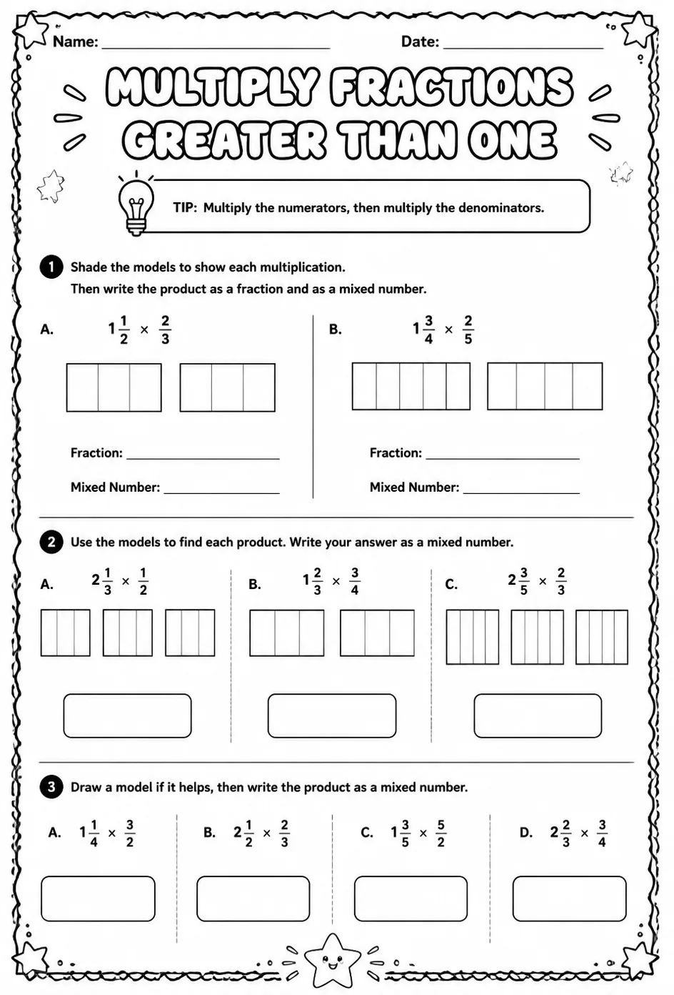 Multiply fractions greater than one using models