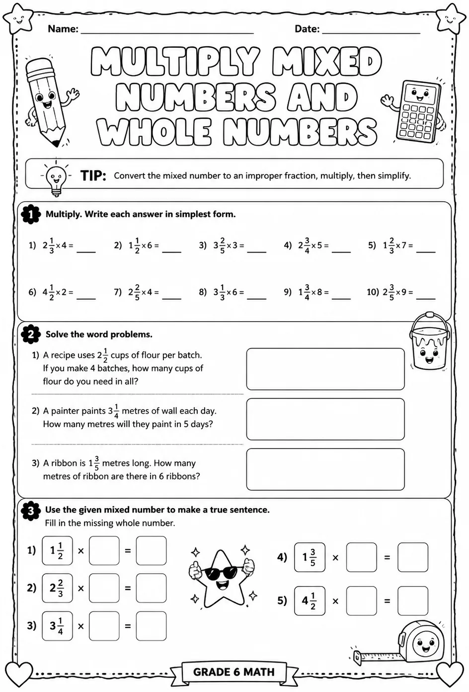Multiply mixed numbers and whole numbers