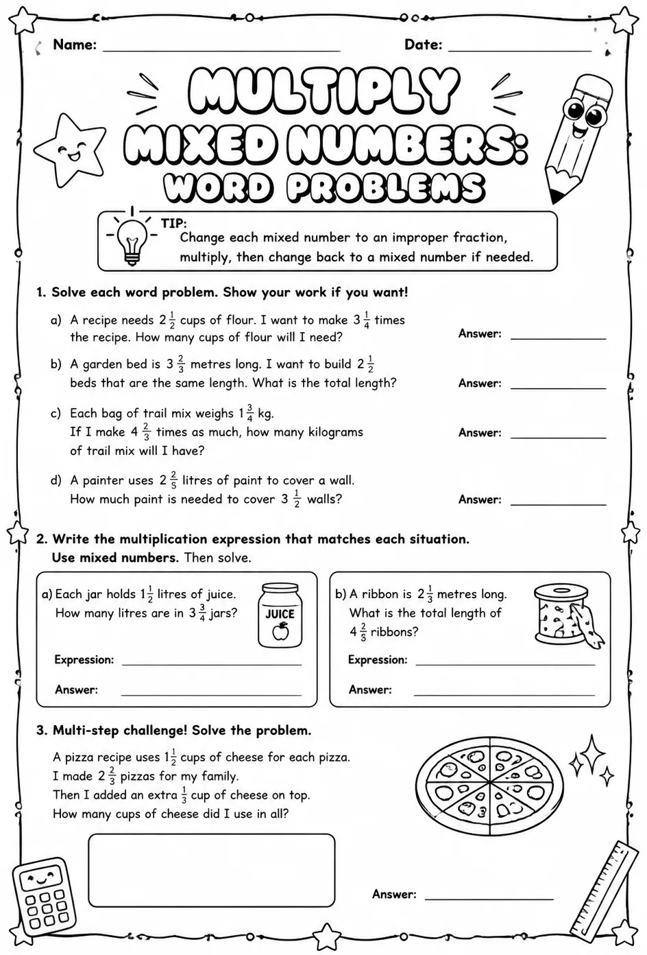 Multiply mixed numbers: word problems