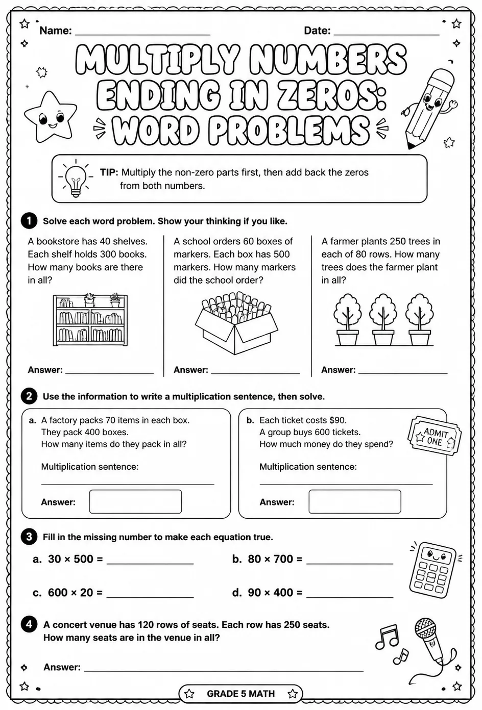 Multiply numbers ending in zeros: word problems