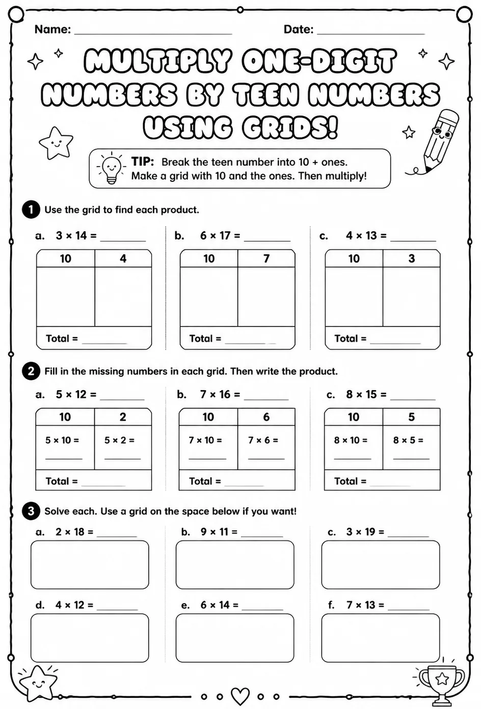 Multiply one-digit numbers by teen numbers using grids