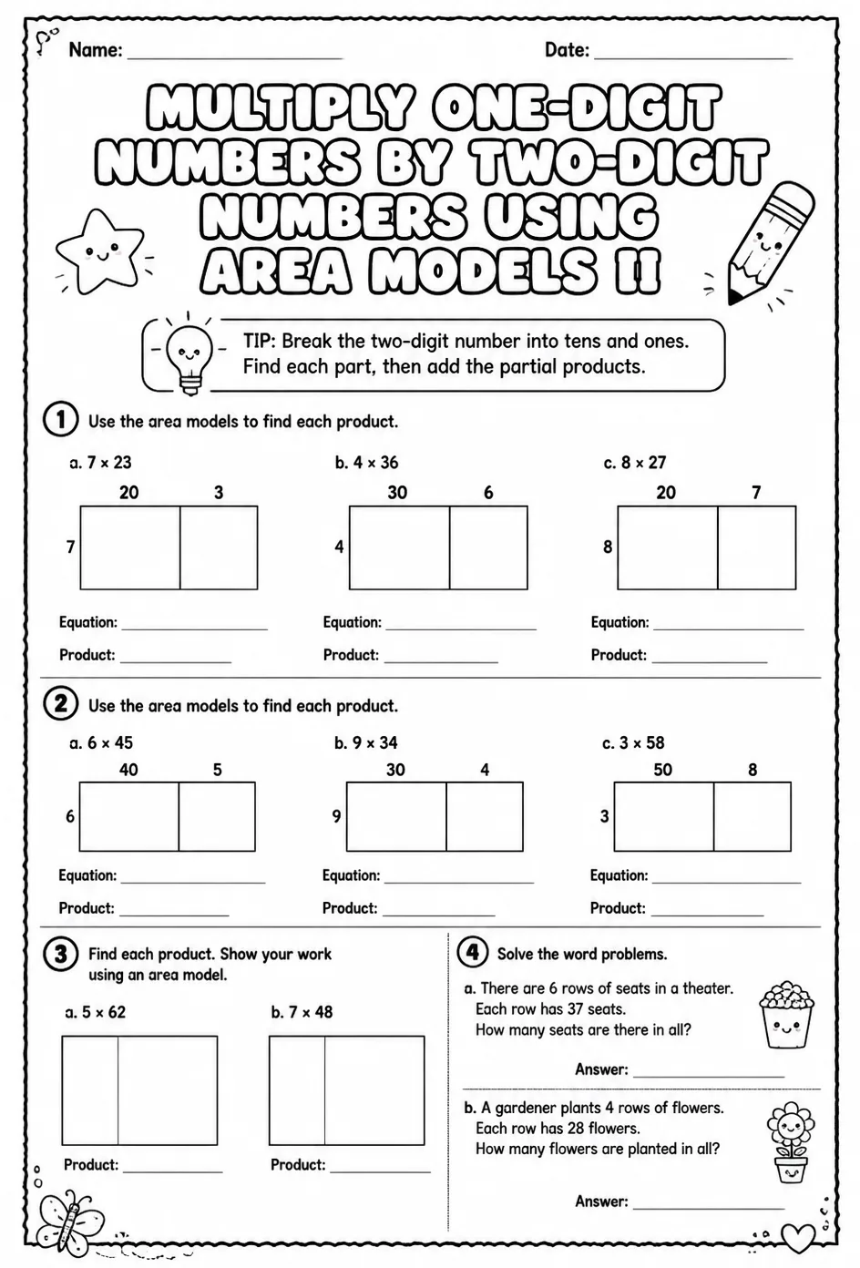 Multiply one-digit numbers by two-digit numbers using area models II