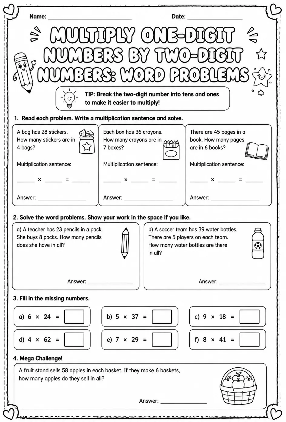 Multiply one-digit numbers by two-digit numbers: word problems