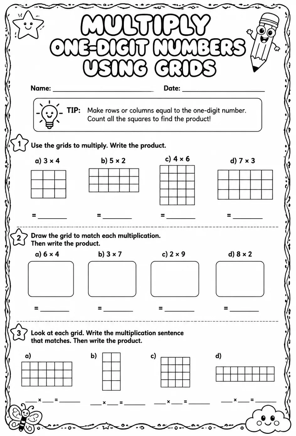 Multiply one-digit numbers using grids