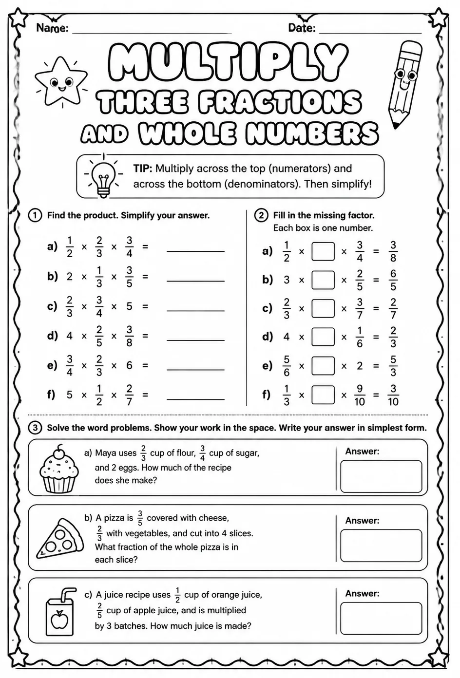 Multiply three fractions and whole numbers