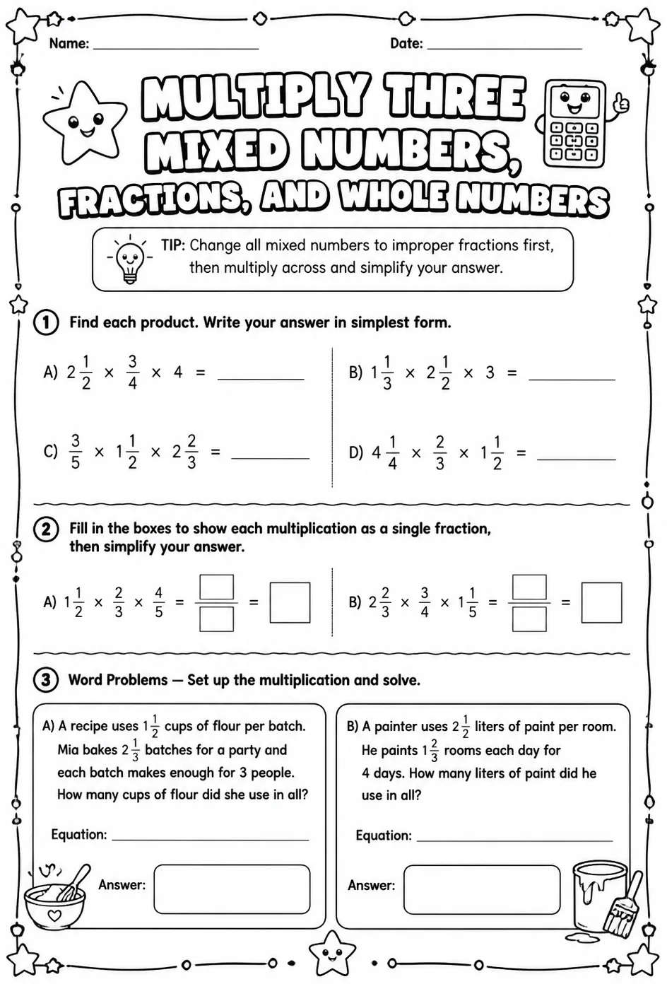 Multiply three mixed numbers, fractions, and whole numbers