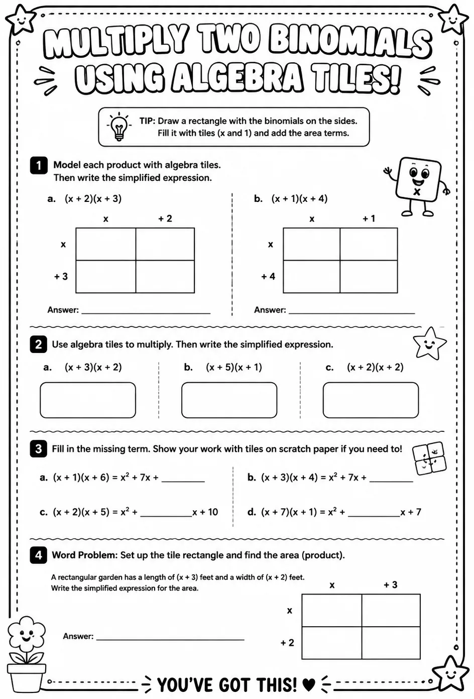 Multiply two binomials using algebra tiles