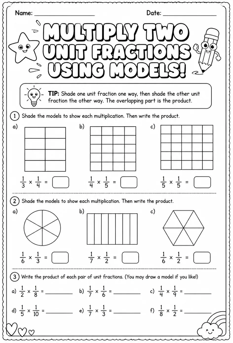 Multiply two unit fractions using models
