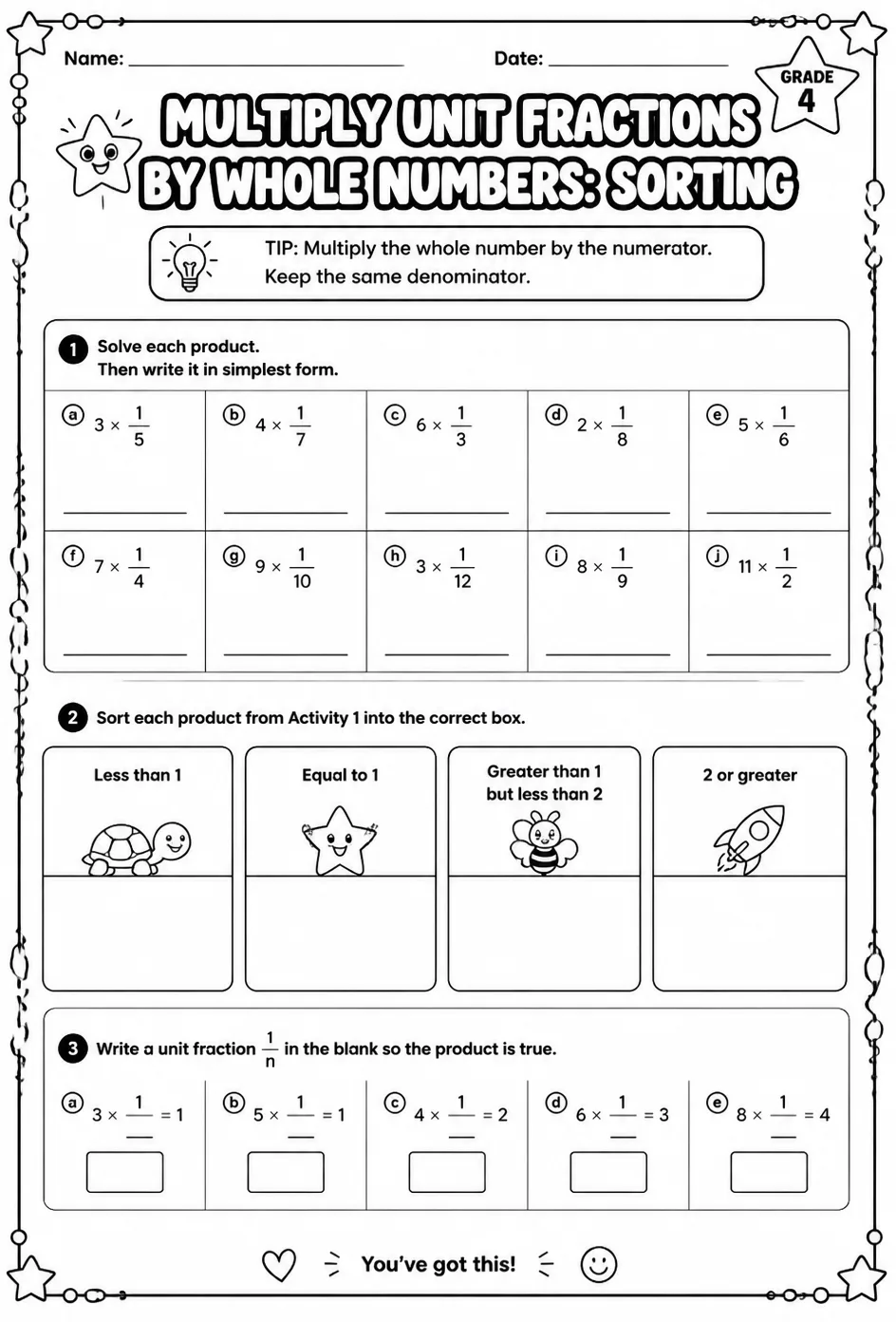 Multiply unit fractions by whole numbers: sorting