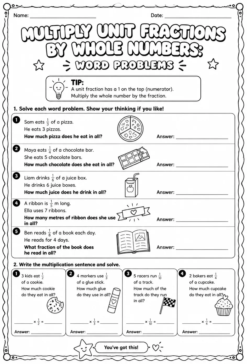 Multiply unit fractions by whole numbers: word problems