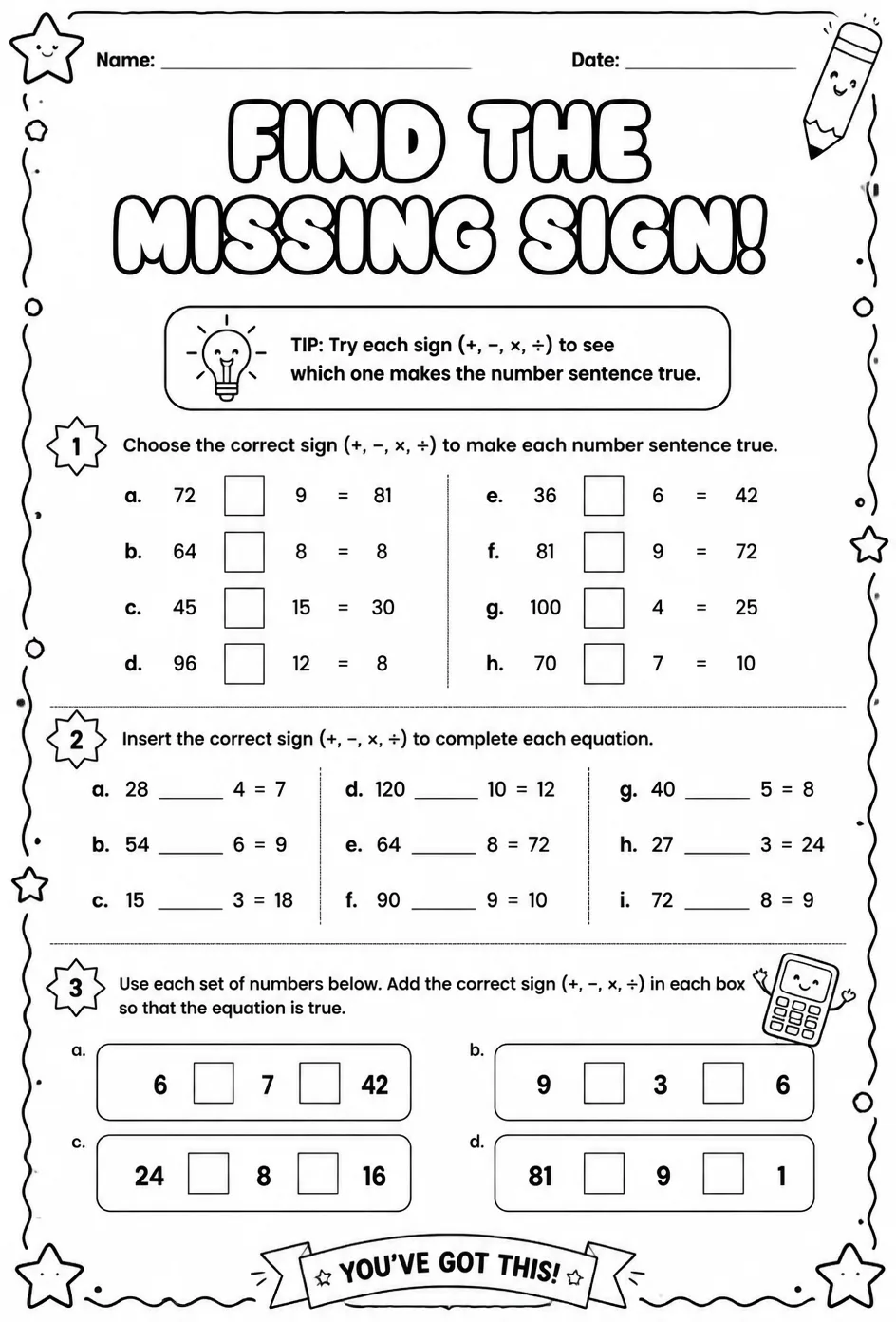 Numerical operations: find the missing sign
