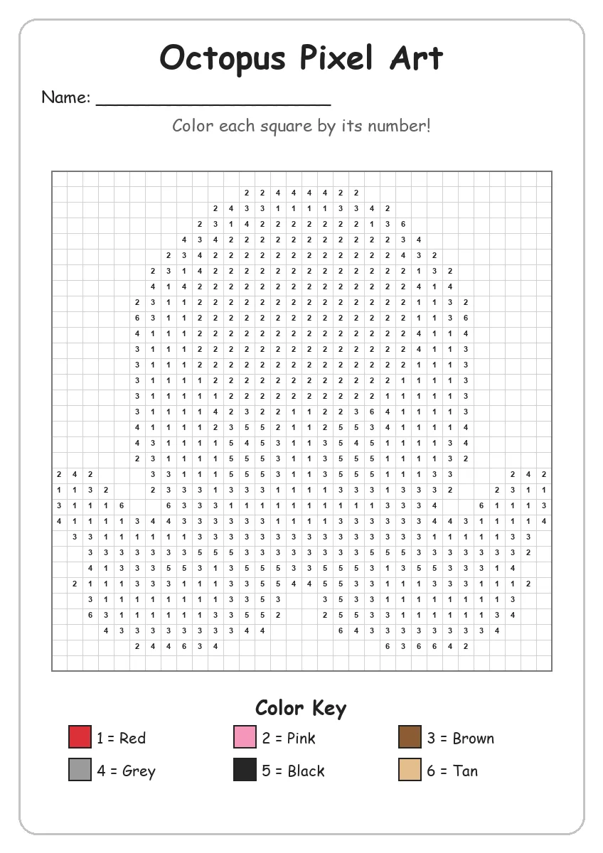 Octopus Pixel Art — Color by Number (Grade 2)