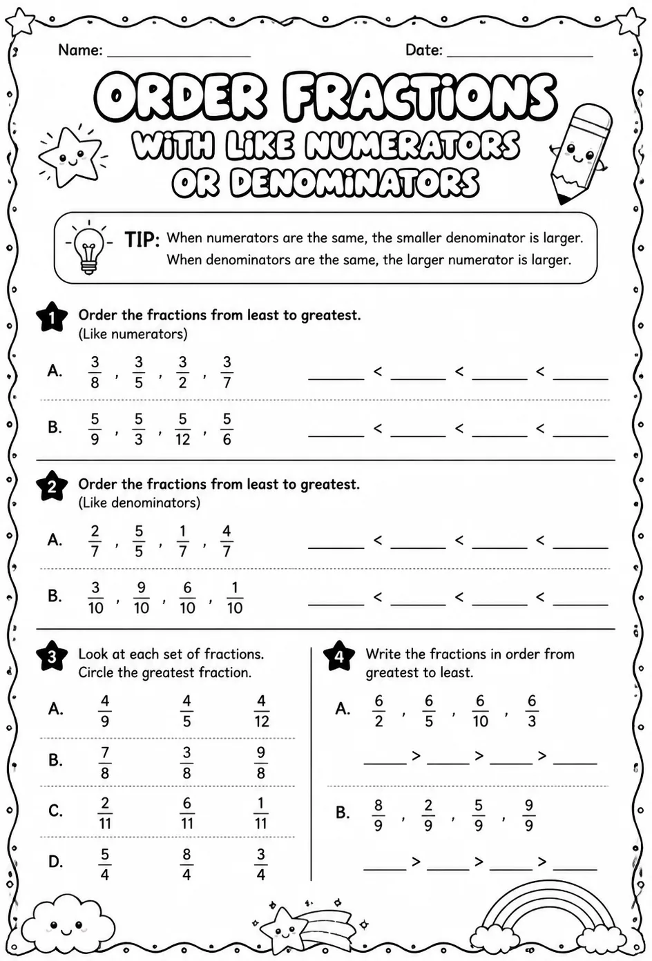 Order fractions with like numerators or denominators