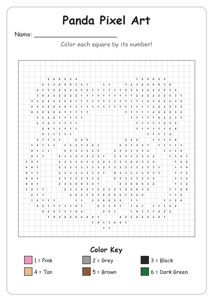 Panda Pixel Art — Color by Number (Grade 2)