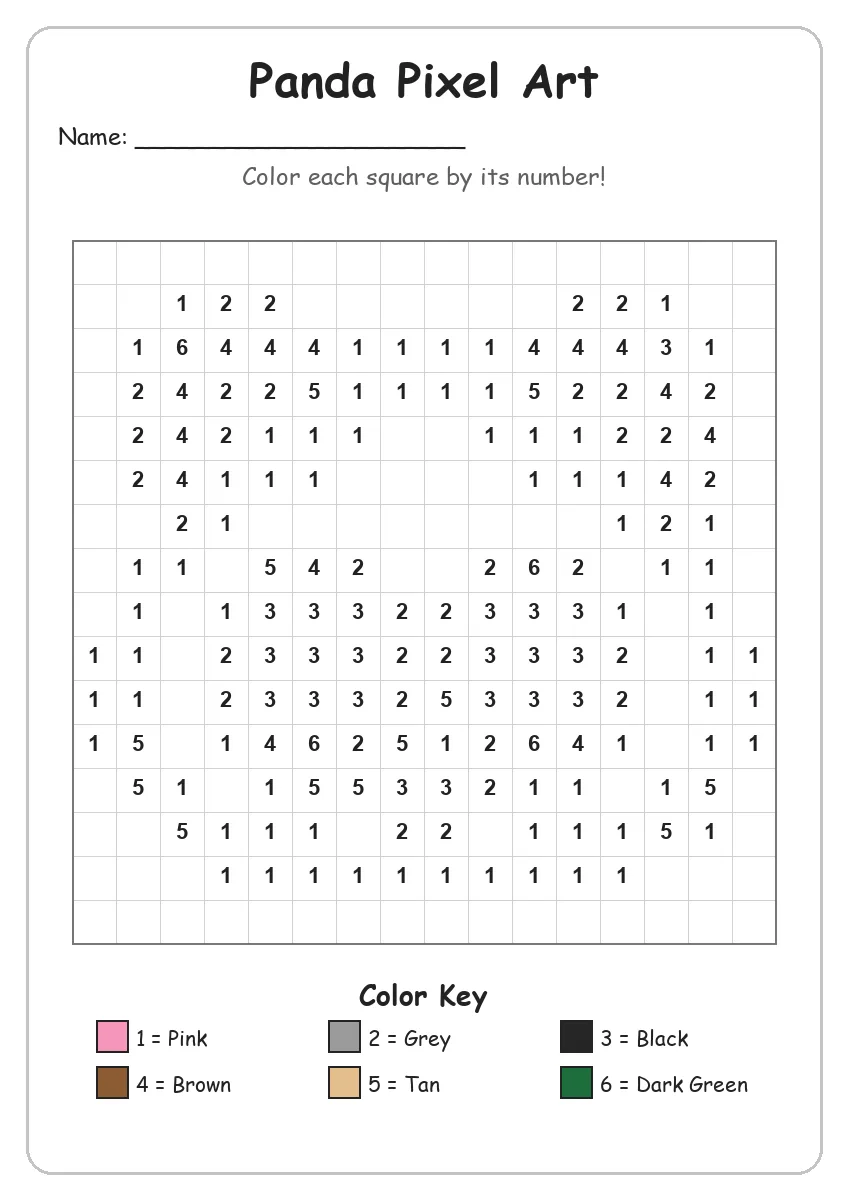 Panda Pixel Art — Color by Number (Kindergarten)