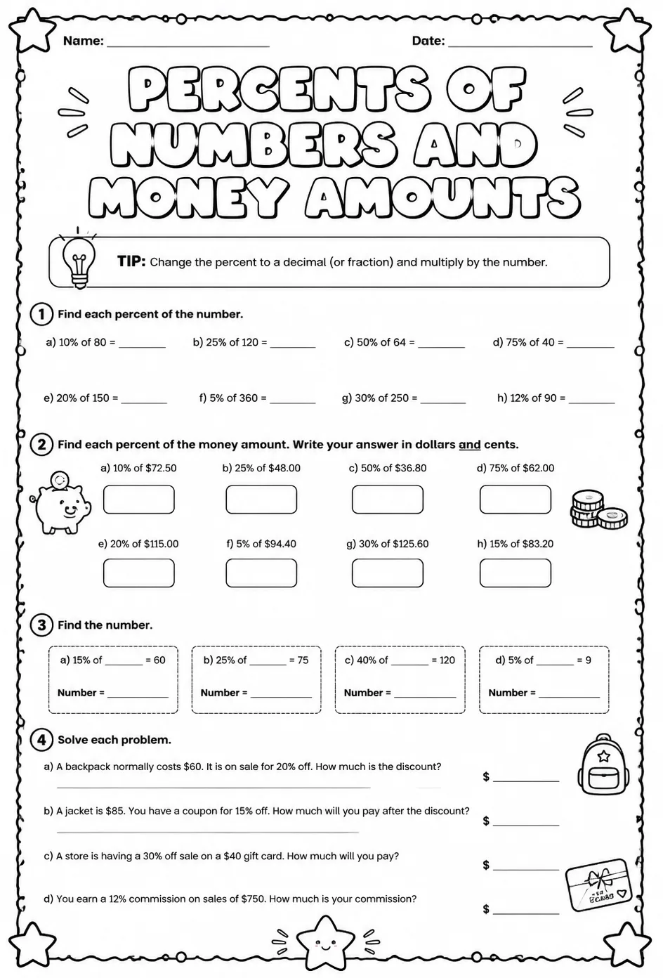Percents of numbers and money amounts