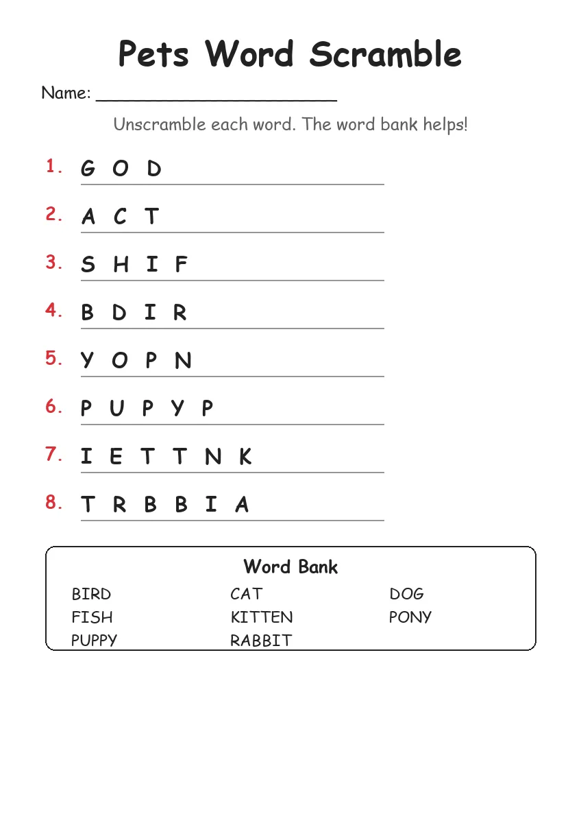 Pets Word Scramble (Grade 1)