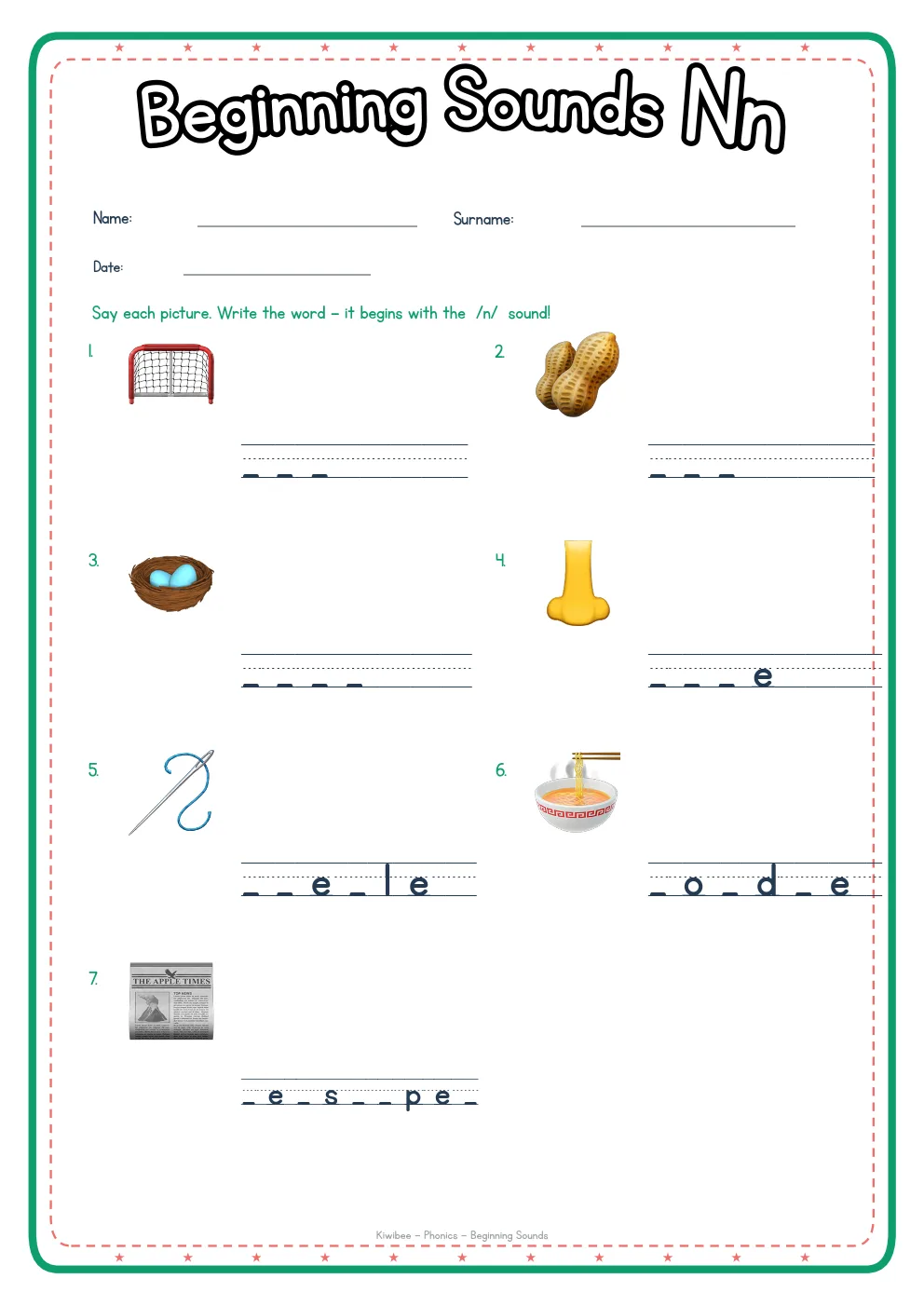 Beginning Sounds: Letter N β Phonics Worksheet
