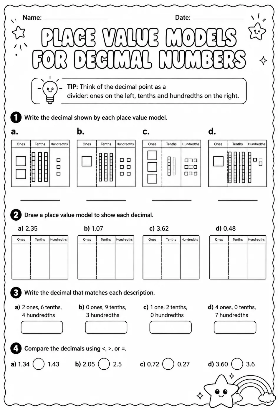 Place value models for decimal numbers