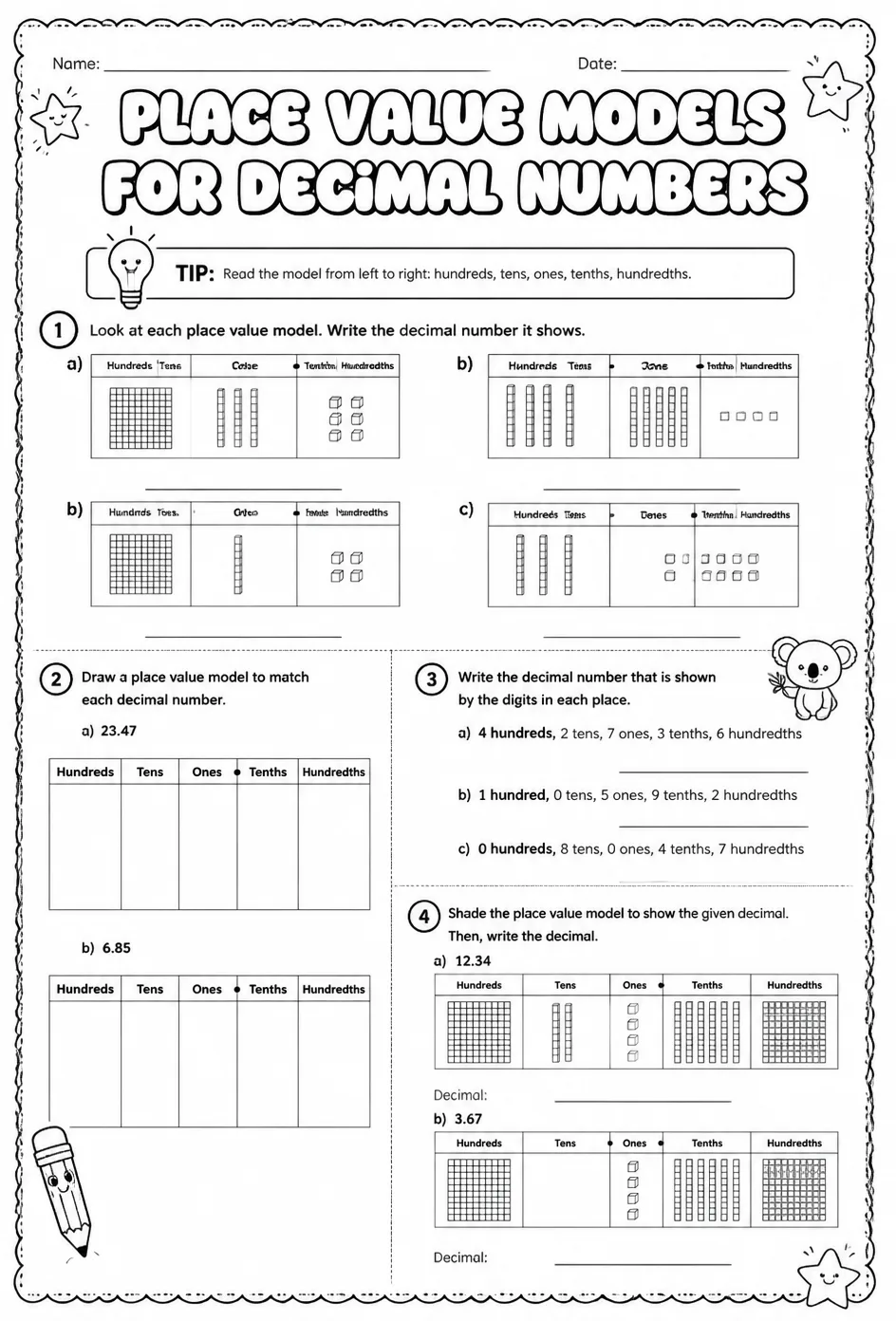 Place value models for decimal numbers