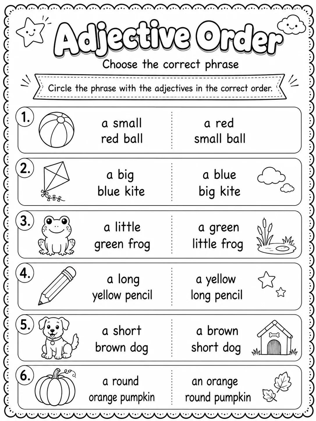 Adjective Order Worksheet Pack