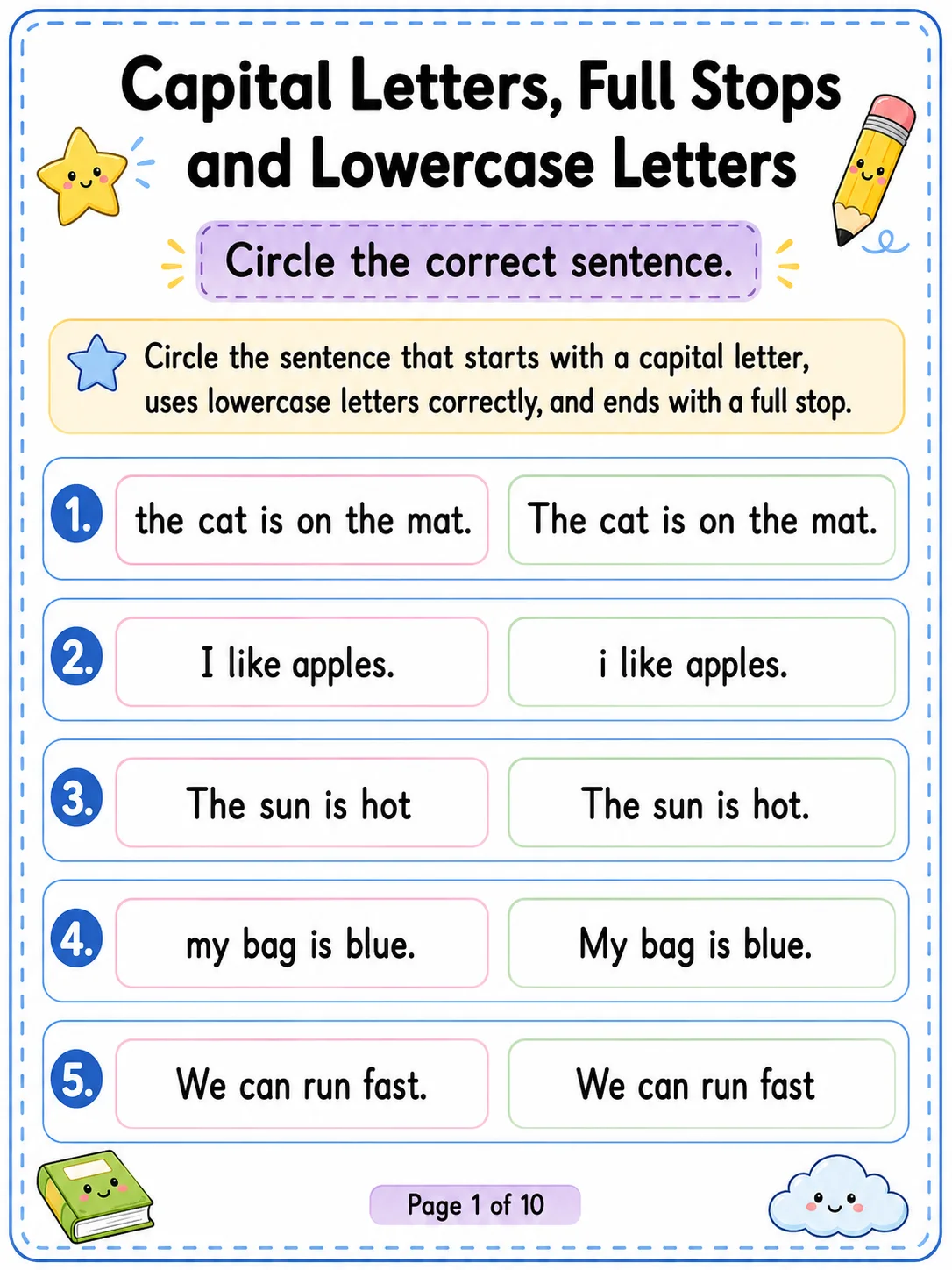 Capital Letters, Full Stops and Lowercase Letters Worksheet Pack