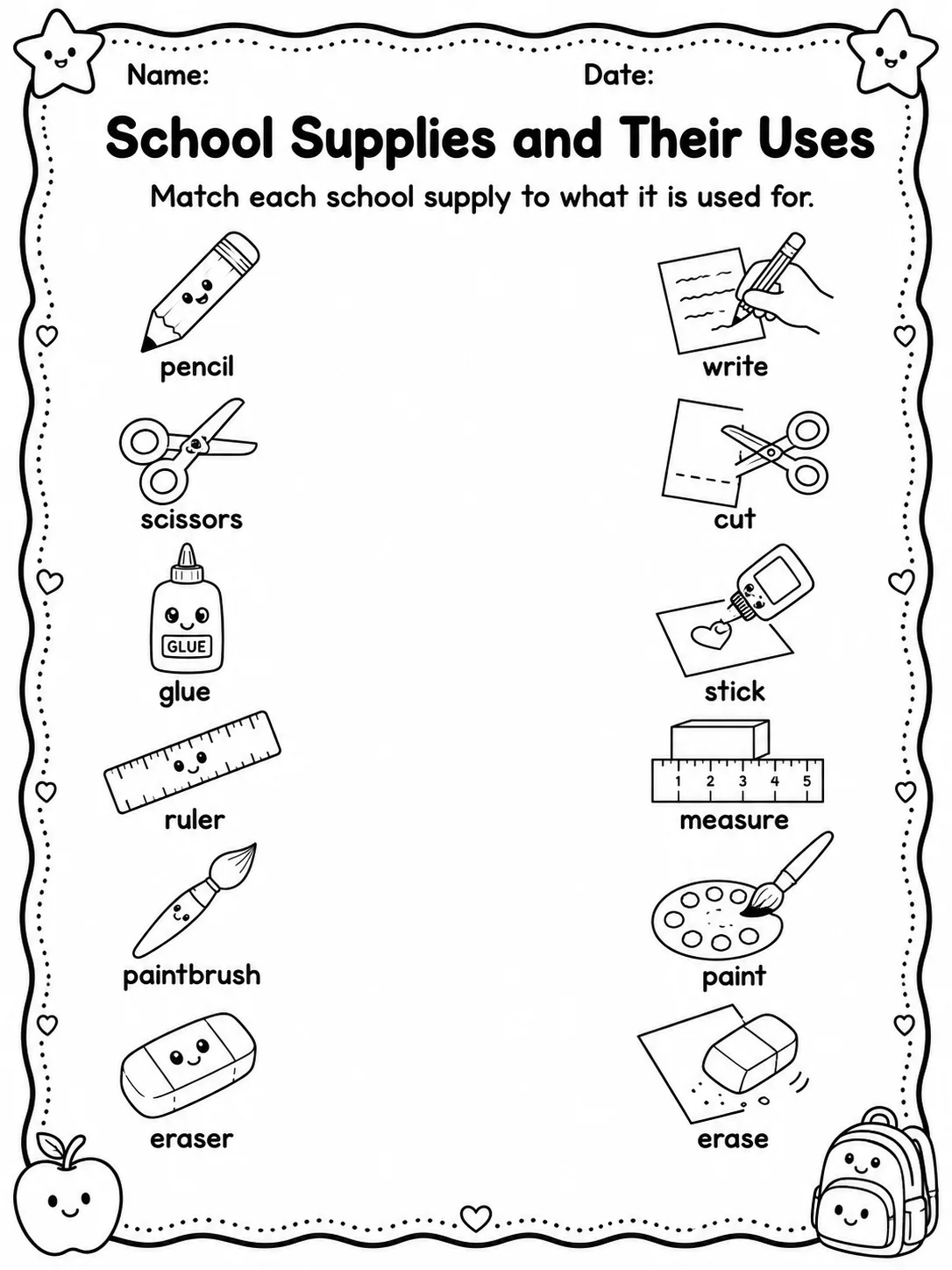 School Supplies and Their Uses Worksheet Pack