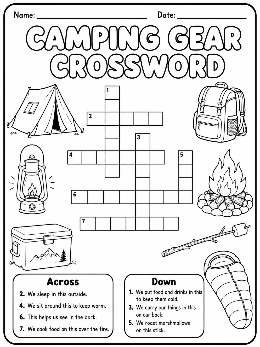 Camping Gear Crossword Worksheet