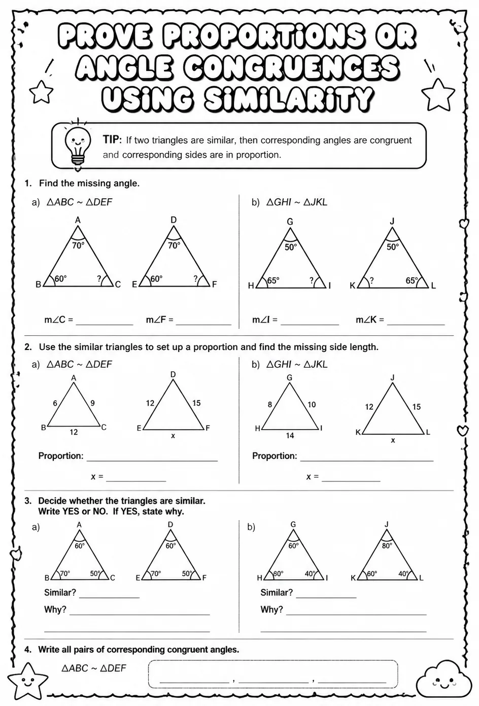 Prove proportions or angle congruences using similarity