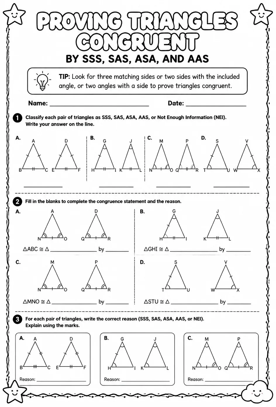 Proving triangles congruent by SSS, SAS, ASA, and AAS