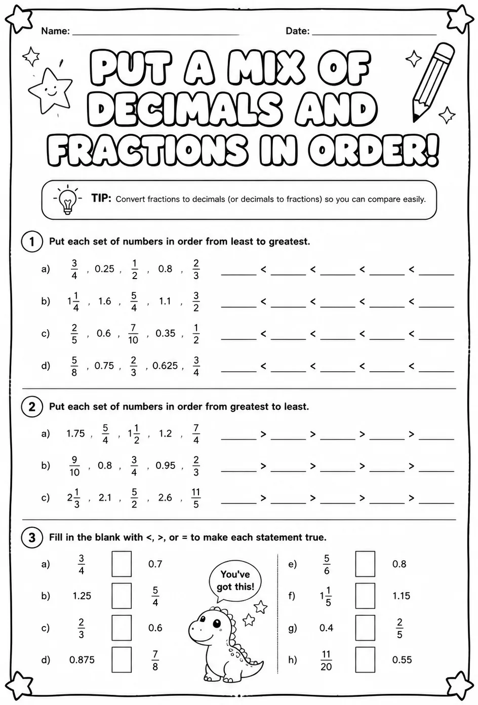 Put a mix of decimals and fractions in order