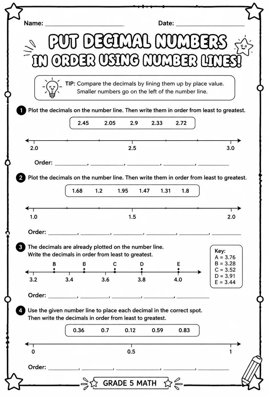 Put decimal numbers in order using number lines