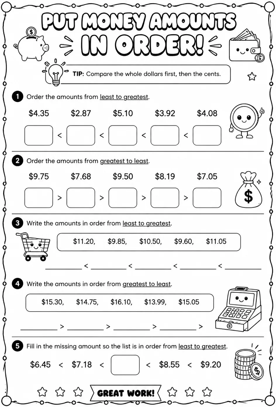 Put money amounts in order