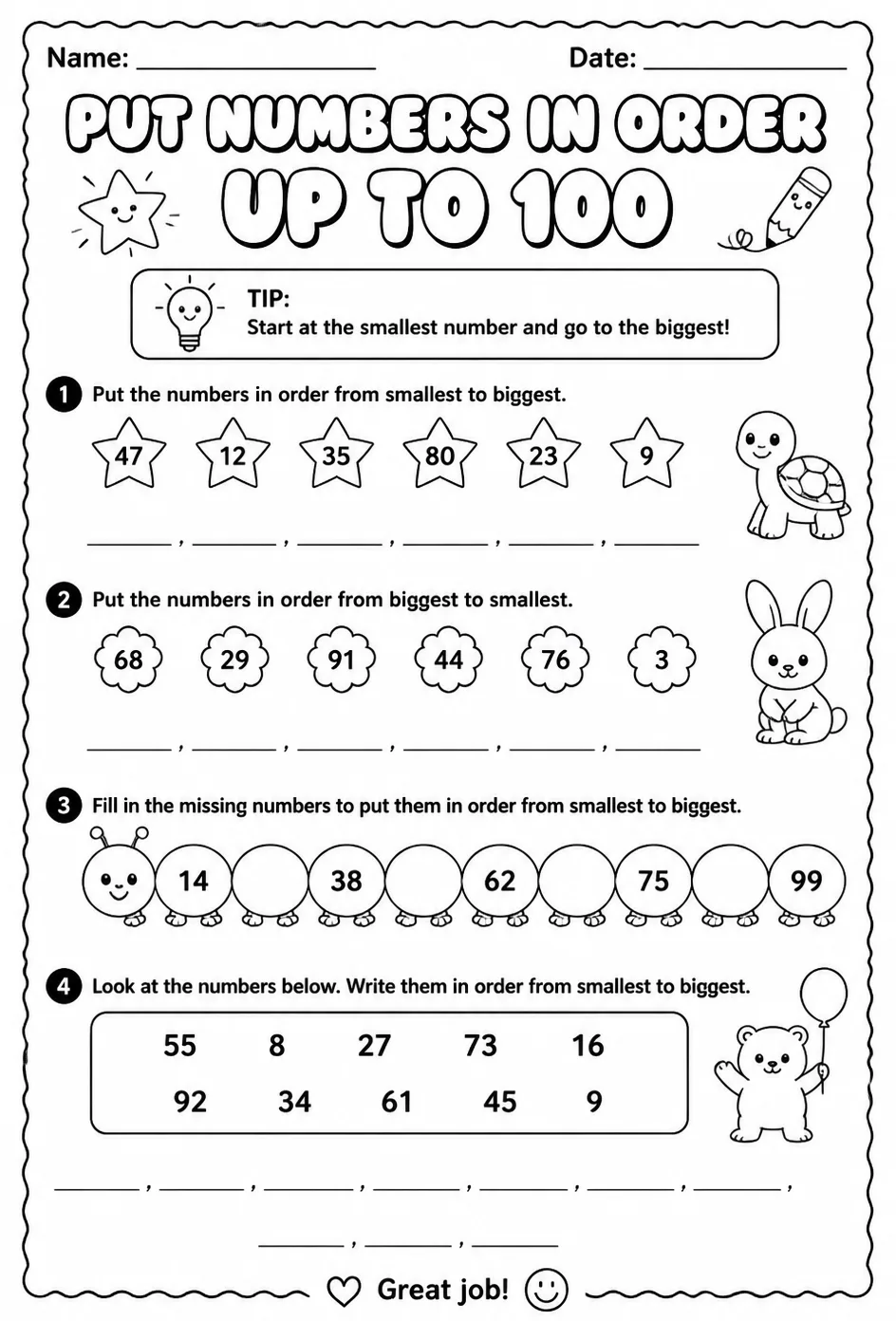 Put numbers in order - up to 100