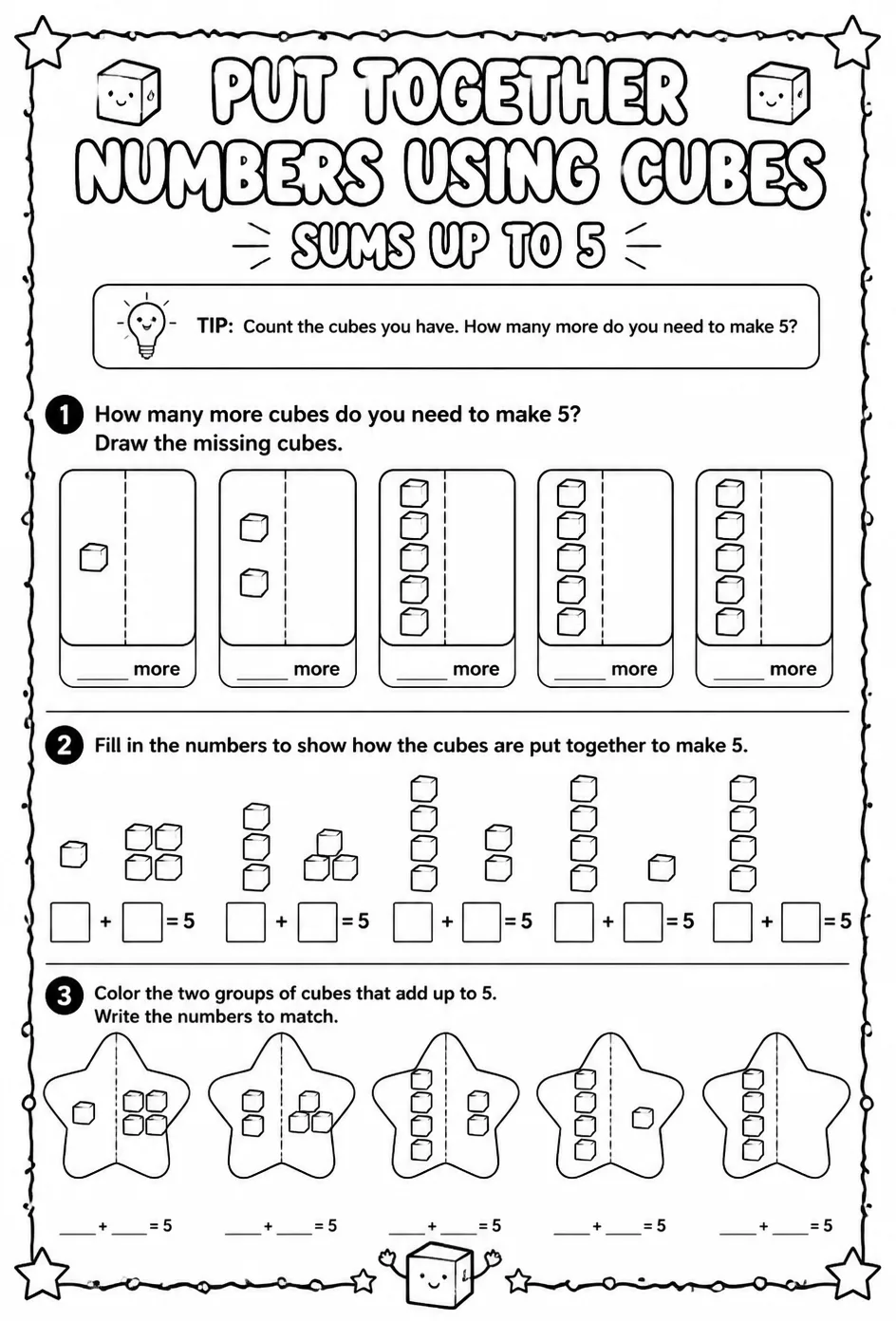Put together numbers using cubes - sums up to 5