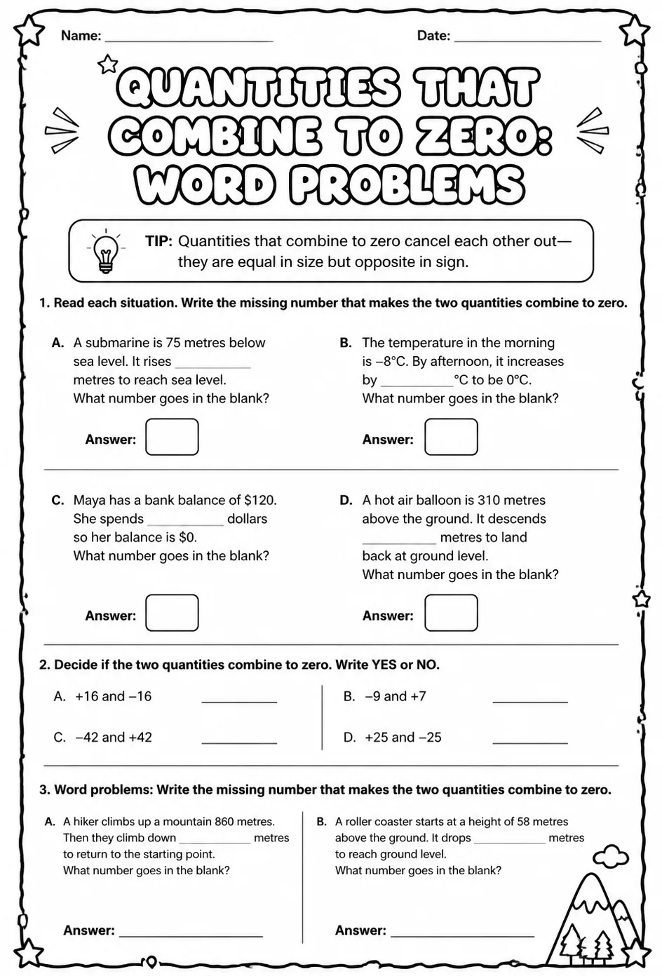 Quantities that combine to zero: word problems