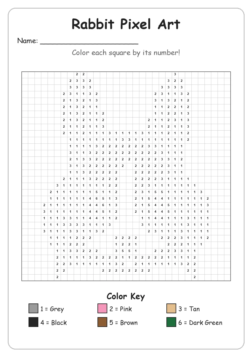 Rabbit Pixel Art — Color by Number (Grade 2)