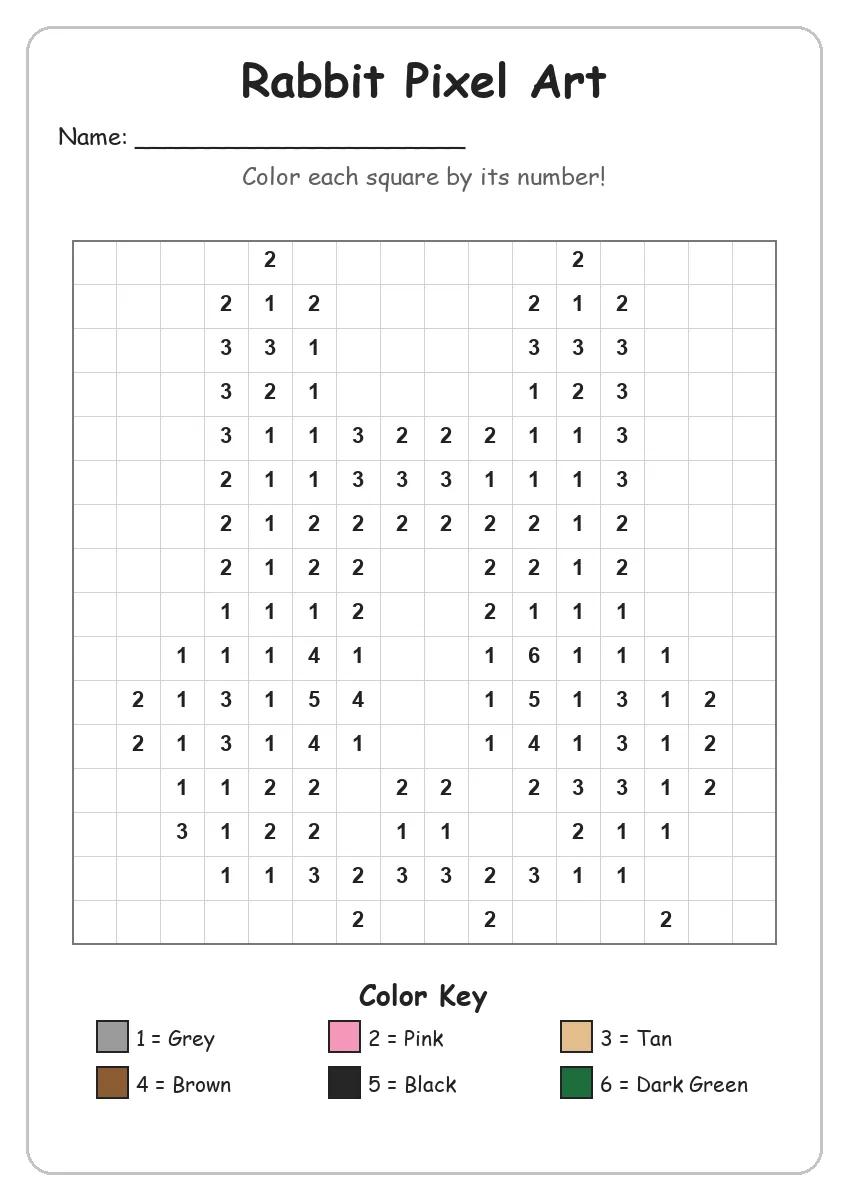 Rabbit Pixel Art — Color by Number (Kindergarten)