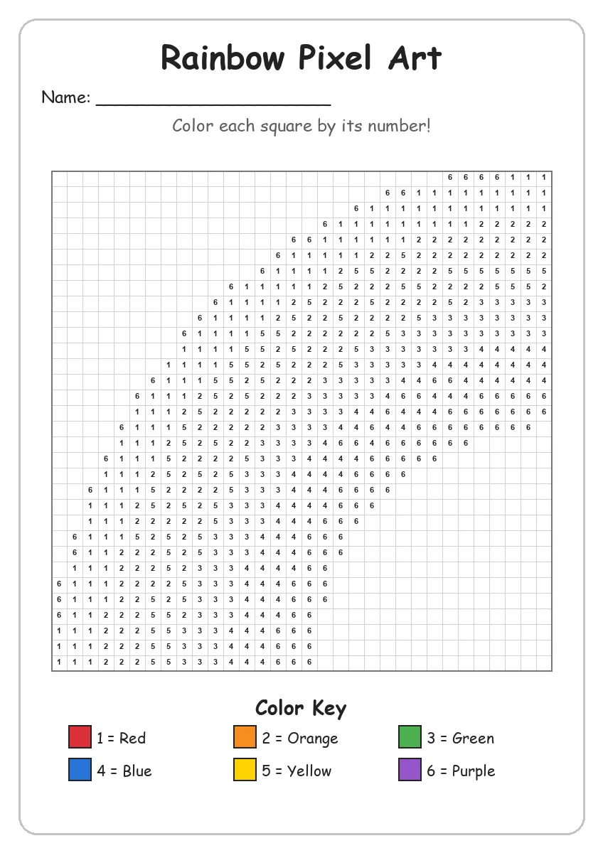 Rainbow Pixel Art — Color by Number (Grade 2)