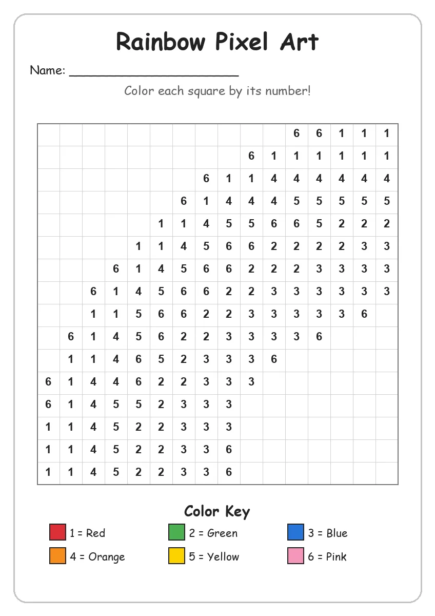 Rainbow Pixel Art — Color by Number (Kindergarten)