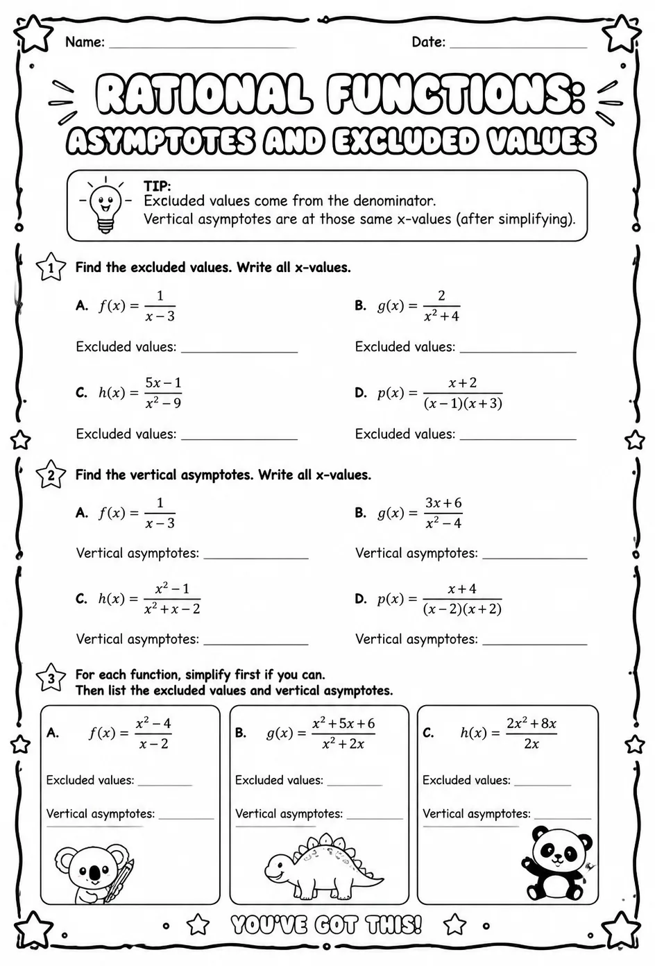 Rational functions: asymptotes and excluded values