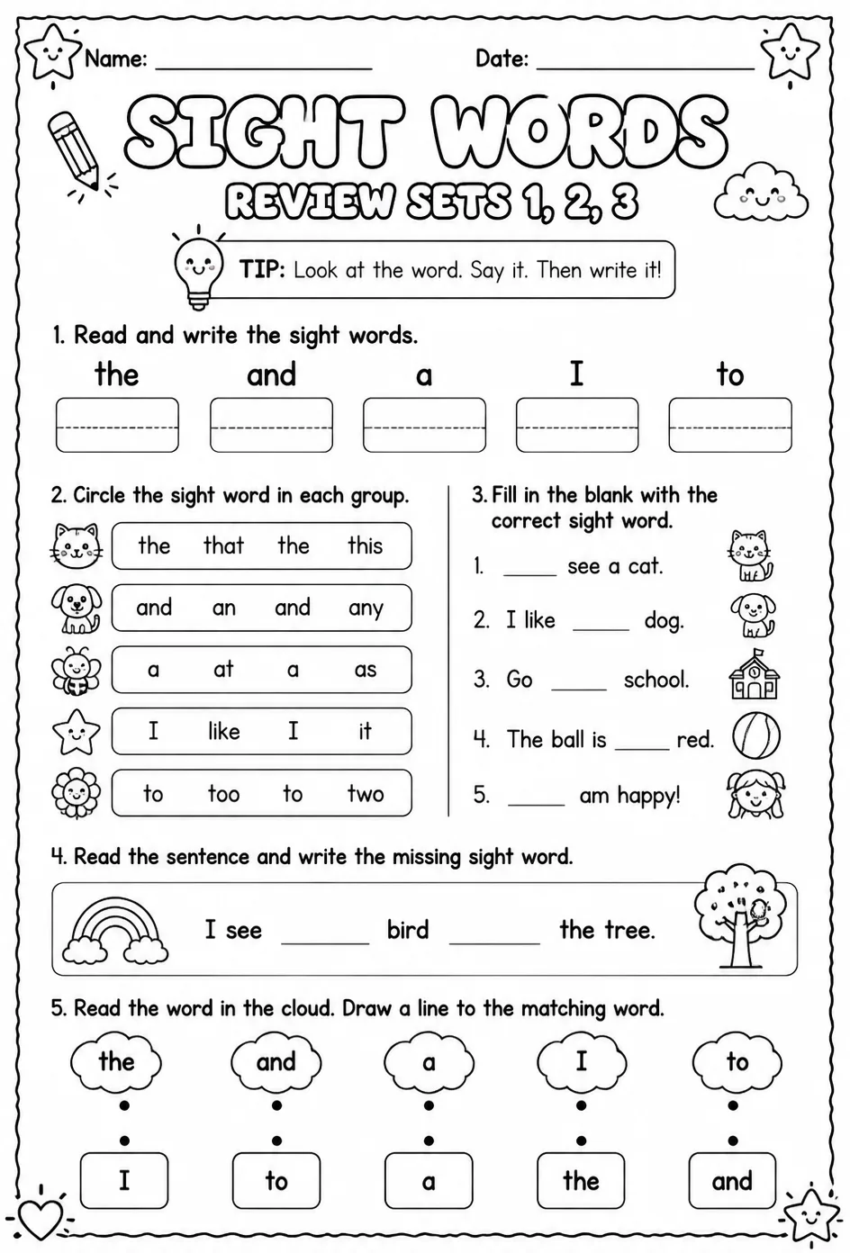 Read sight words: review sets 1, 2, 3