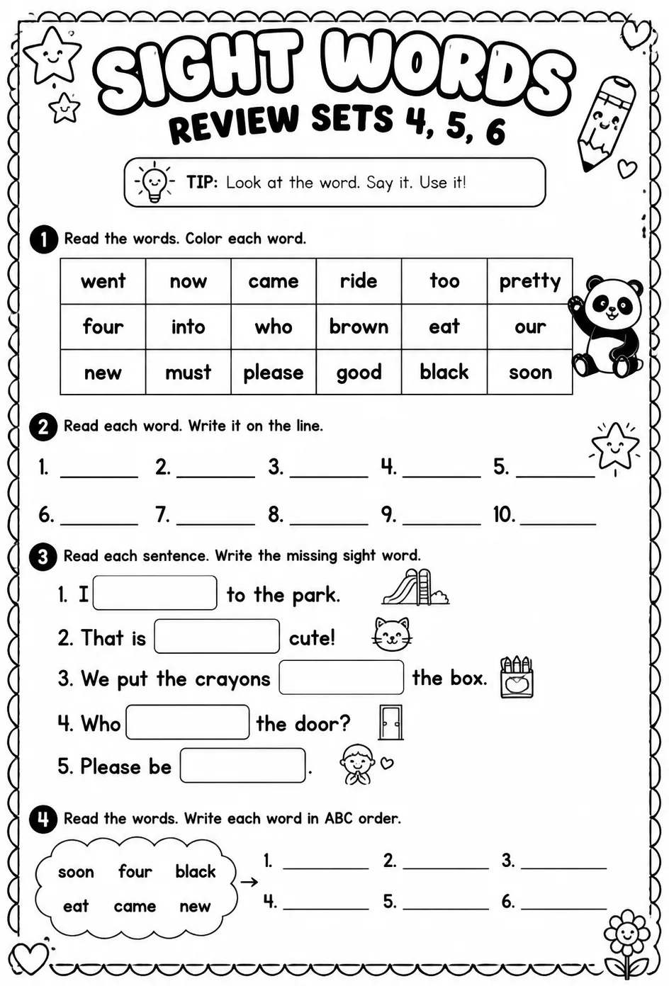 Read sight words: review sets 4, 5, 6
