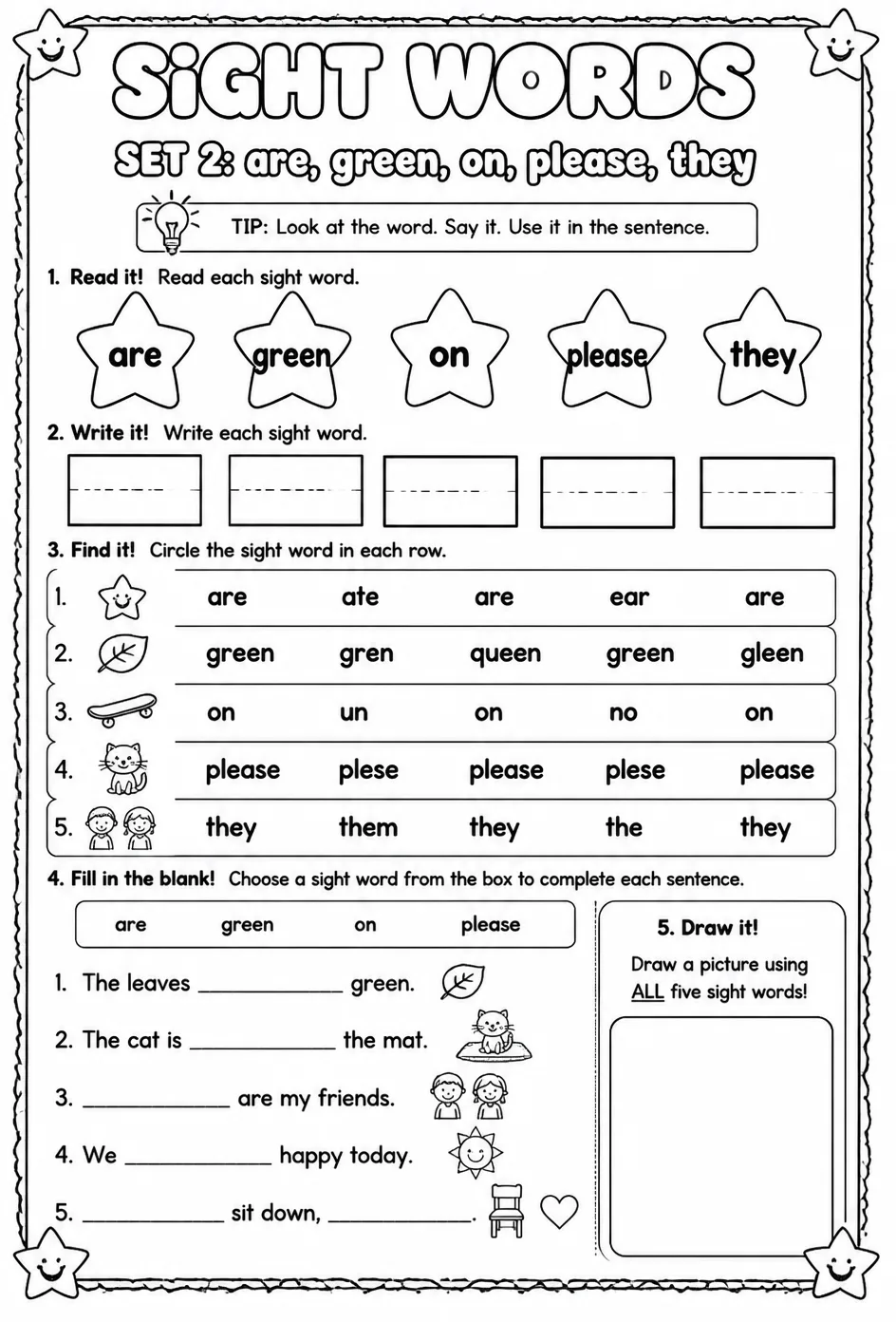Read sight words set 2: are, green, on, please, they